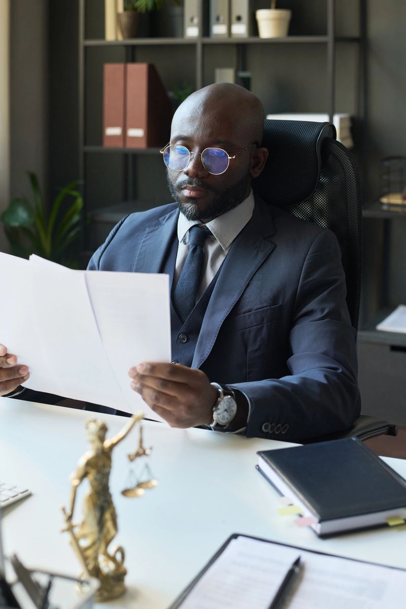 Medium shot of busy African American male lawyer, wearing glasses and suit, sitting in office and studying legal documents
