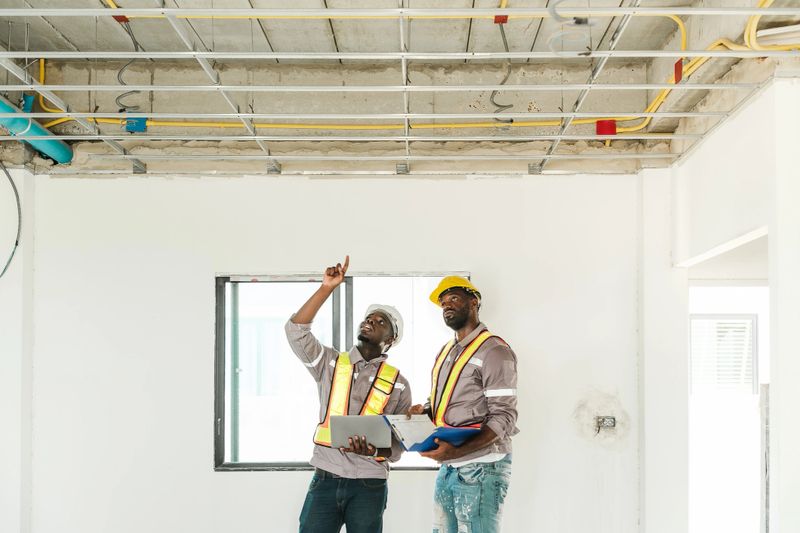Two Black engineers inspect ceiling infrastructure at a construction site, one pointing upwards while holding a laptop. Image captures teamwork, supervision, and modern building assessment.