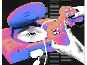 Retro gaming console with a controller in vibrant neon colors.