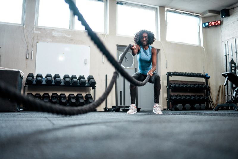 A focused mid adult Black woman working out with battle ropes in a well-lit gym. She wears athletic attire and appears engaged in fitness training, surrounded by weights and exercise equipment.