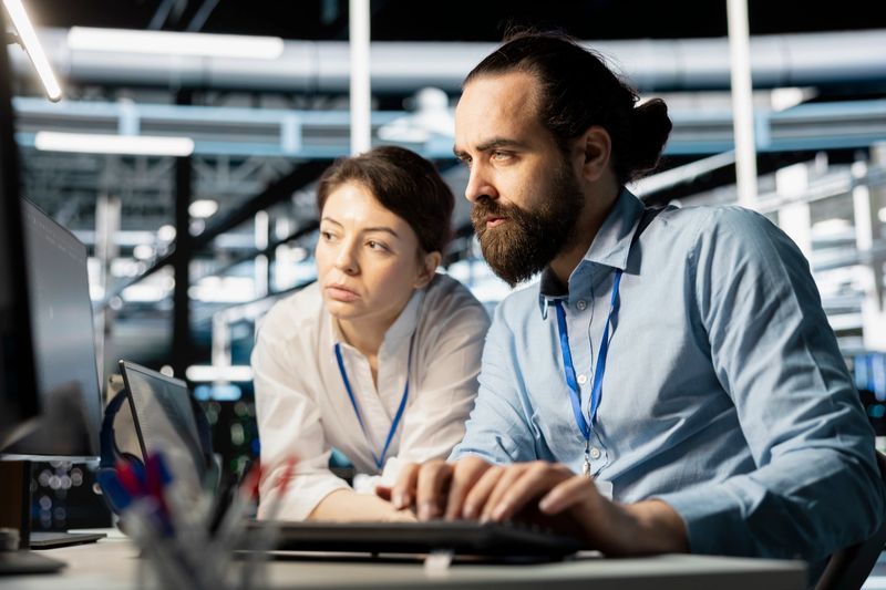 Data center coworkers doing brainstorming, running diagnostic scripts on computer, examining hardware. Server room employees talking, working together to evaluate performance metrics