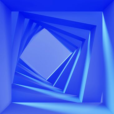 Abstract blue spiraling square tunnel with smooth edges.