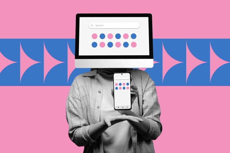 Web developer working on user interface design, wireframes on desktop and smartphone screen. Responsive website design collage concept in Bauhaus and pop art style