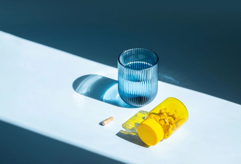 Glass of Water and Yellow Medicine Bottle with Pills and one Capsule Nearby in Hard Light. Taking Vitamin for Health and Wellness.