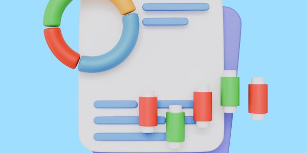 3D infographic with colorful pie and bar charts on a document.