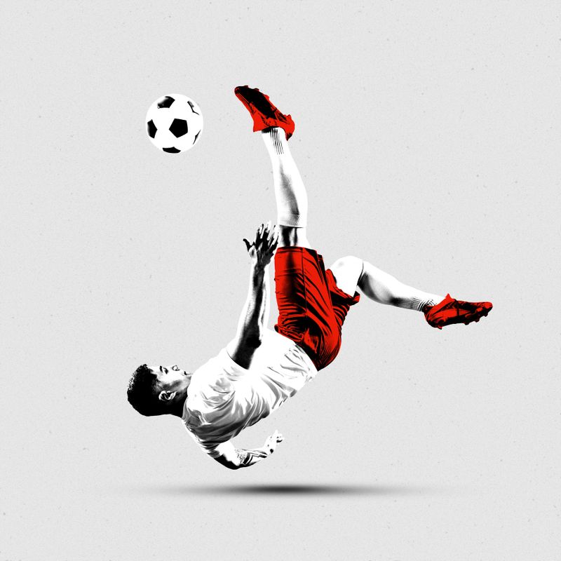 Poster. Contemporary artwork. Soccer player performs bicycle kick in mid-air, red uniform accents dynamic motion. Textured filter. Concept of championship, iconic goal, sport event.
