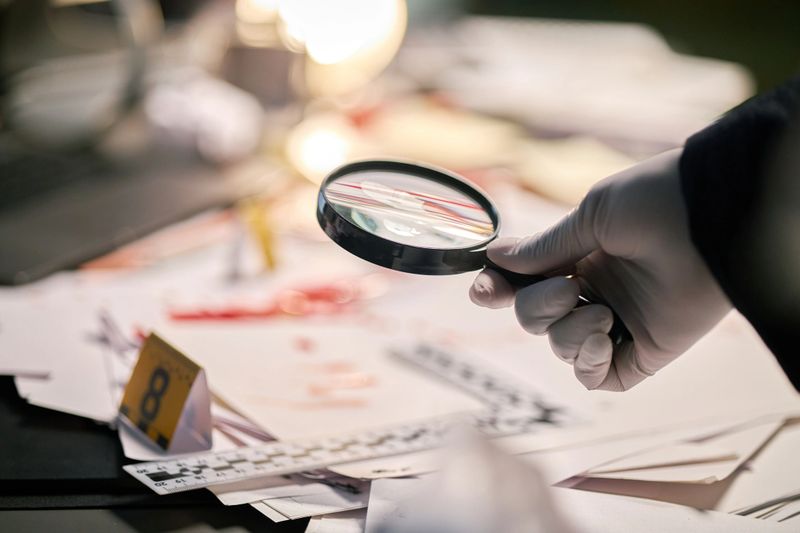 Gloved hand holding magnifying glass examining documents on cluttered workspace filled with papers and laboratory tools, suggesting forensic investigation scene
