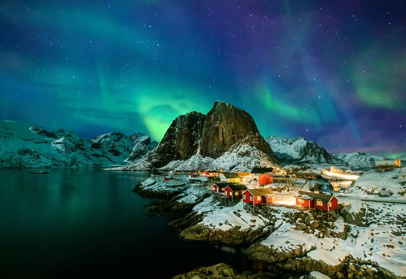 Aurora borealis over Hamnoy in Norway
