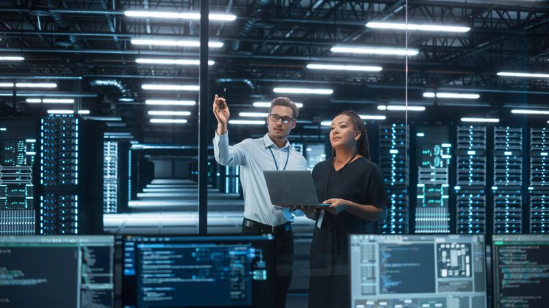 Data Center Black Female e-Business Entrepreneur and White Male IT Specialist talk, Use Laptop. Information Technology Engineer and System Administrator work in Big Cloud Computing Server Farm.