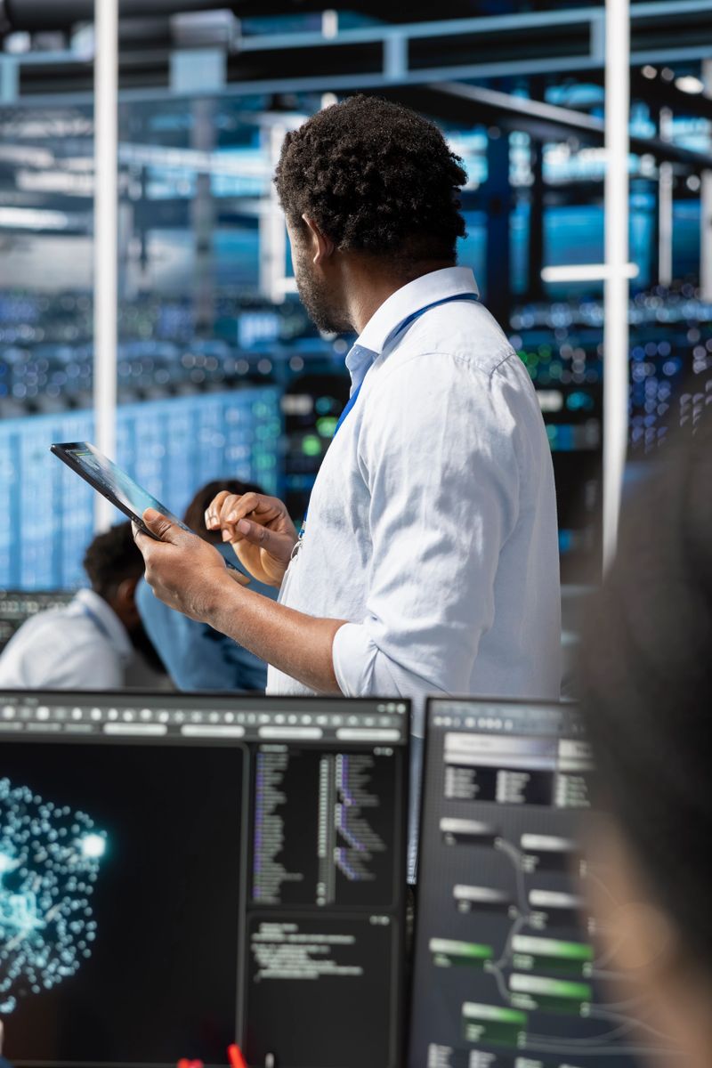 Data center admin uses AI visualization technology on tablet to oversee automated repetitive tasks. Server farm IT professional modifying infrastructure rigs systems based on data analytics graphs