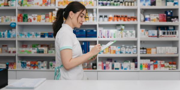 Pharmacist checking medicine inventory in a pharmacy.