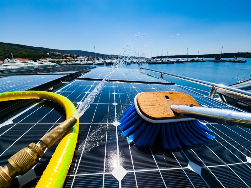 Latino man cleans solar panels at a marina using a yellow hose and blue brush under bright sunlight, surrounded by boats and scenic water views.