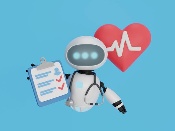 Robot doctor holding checklist with heart and heartbeat symbol.