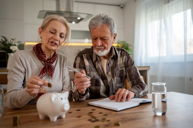 Elderly couple sitting at kitchen table, carefully calculating their expenses and putting coins into piggy bank, managing home budget and retirement savings