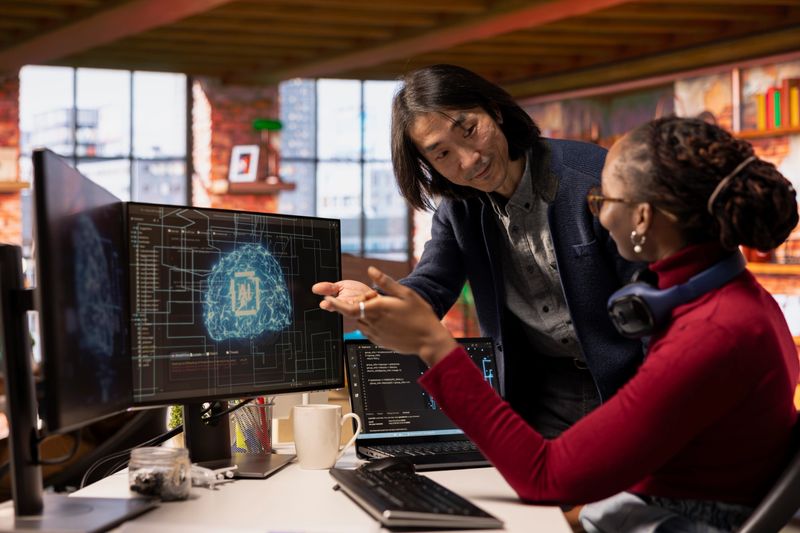 CTO manager in multiethnic startup office helps technician coding advanced AI algorithm and machine learning models. Team leader overseeing work done by employee in Silicon Valley workplace