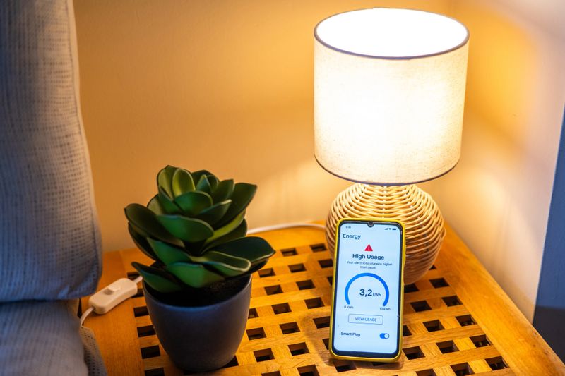 Smart phone is displaying a high energy usage alert from a lamp connected to a smart plug, highlighting the importance of energy conservation in a modern home