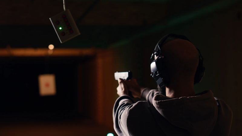 Company coworkers enjoying recreational shooting experience in firing range during teambuilding. Workplace colleagues practicing with weapons in safe shooting range environment, camera B