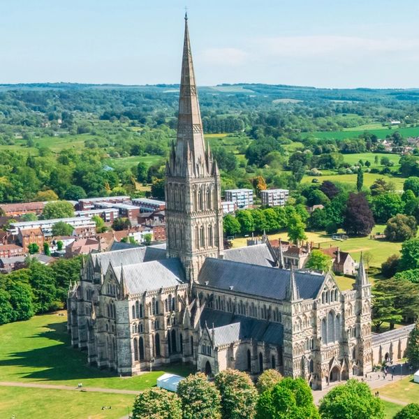 Drone shot of salisbury cathedral and city