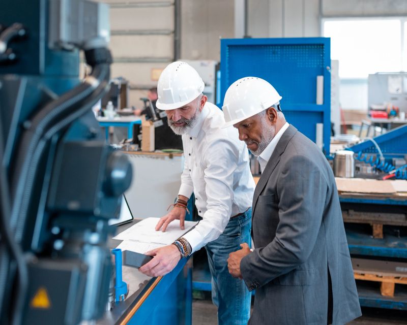 White mechanical engineer in casual clothes with white hard hat shows a Latin American customer or factory director a metal machine product that was manufactured in production and explains the processing of the product on a paper plan and on a tablet. Both people are wearing hard hats.  Wide shot, Action camera, Eye Level, Pan, Handheld, Selective focus, Zoom Out