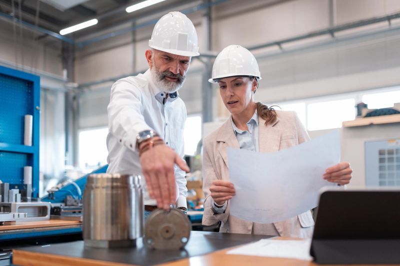 A mechanical engineer in casual clothes with a white hard hat shows a female client or factory manager a metal machine product that was manufactured in production and explains to her the processing of the product on a paper plan and on a tablet. A female inspector reviews the plans. Both people wear hard hats. Close Up, Action camera, Eye Level, Pan, Handheld, Selective focus, Zoom In.
