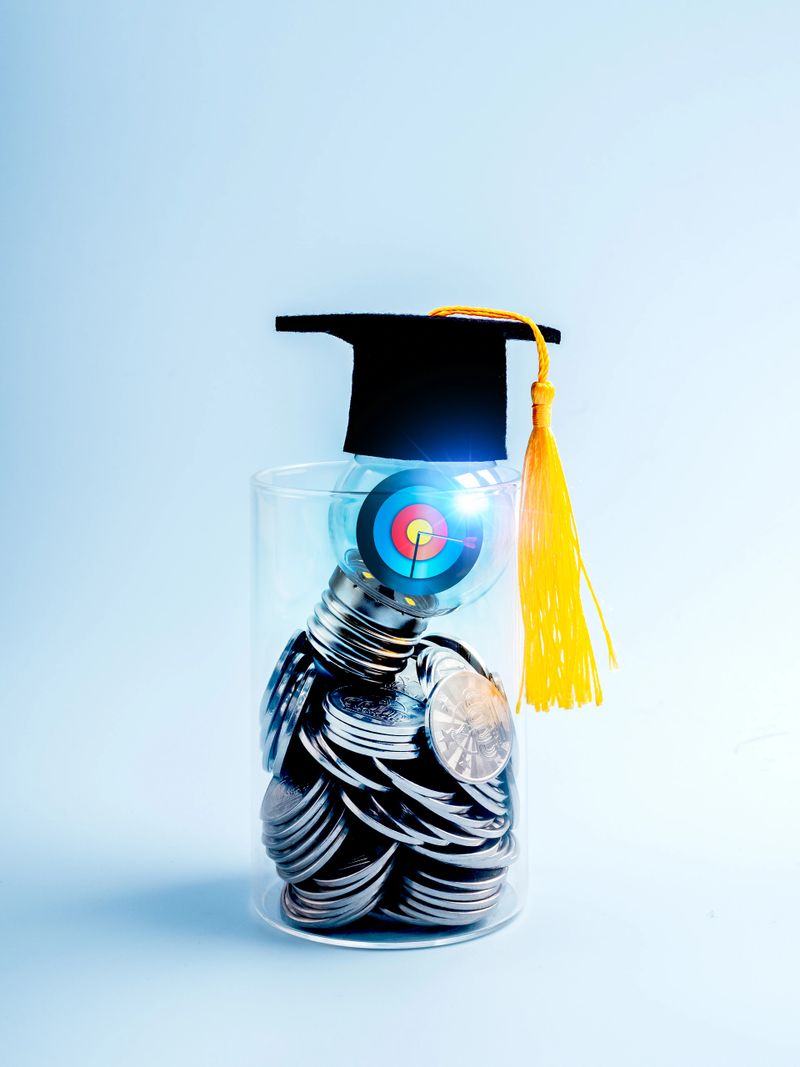 3d Target icon inside light bulb wearing graduation hat, on many coins in glass jar on blue background, vertical style. Savings money for education, knowledge course and learning, scholarship concept.