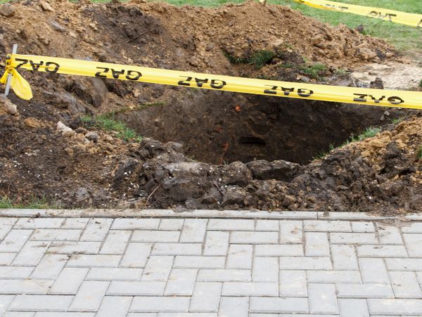 Large hole in the ground surrounded by yellow gas caution tape near a paved walkway.