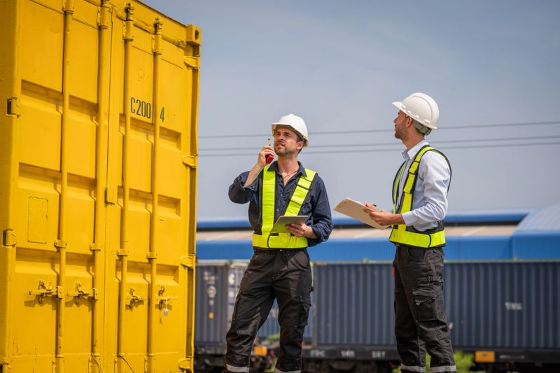Industrial engineer or worker logistics inspection at transportation rail and container shipping is teamwork logistics management, and modern industry.