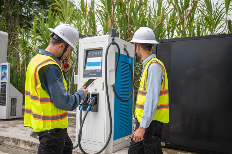 Engineer or technician standing near an electric vehicle (EV) charging station inspecting the charging station while using a tablet focused, reflecting clean energy or sustainability efforts.