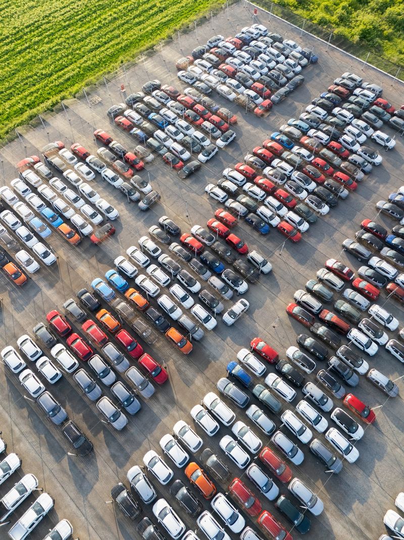 Aerial view of a storage facility for a new cars. A lot of cars are parked in parking space.