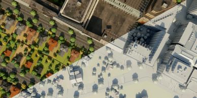 Half of the image shows a colorful urban area, while the other half is a white 3D model.