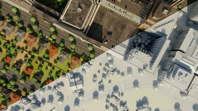 Split-view of a cityscape rendered in grayscale as a 3D model on one side, and the side is fully colored and textured. It visually represents the transition from architectural visualization to a lifelike urban environment. Concepts on digital twins.