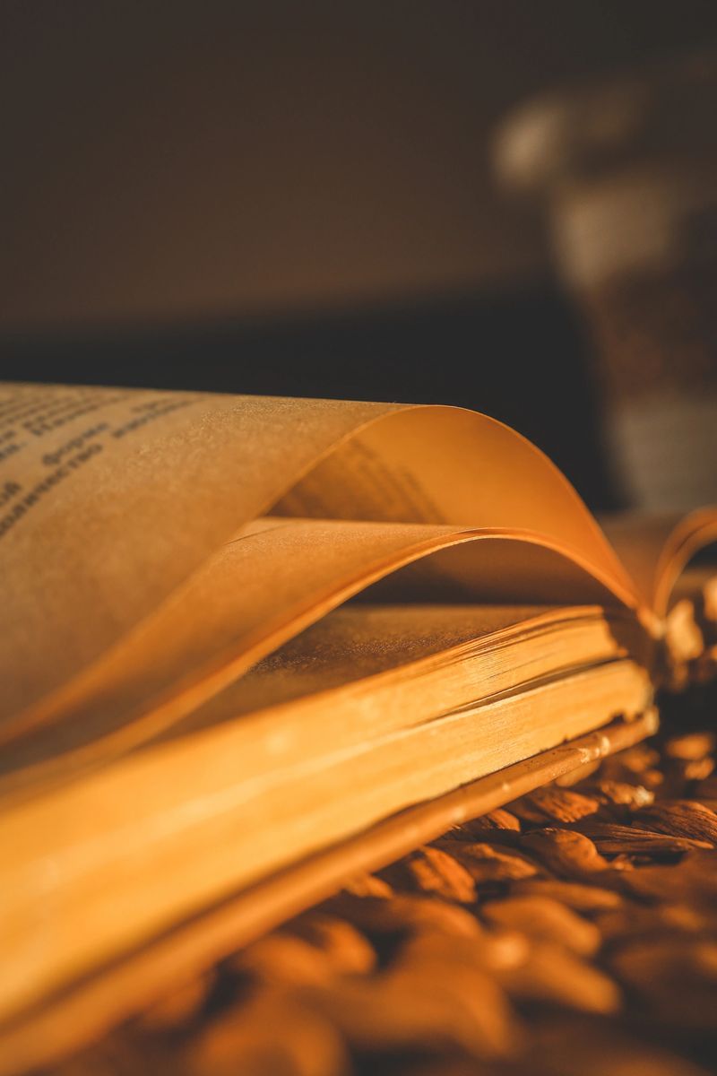 Close-up of an old book with curling pages illuminated by warm ambient light, showing aged texture and cozy atmosphere, placed on a woven surface.