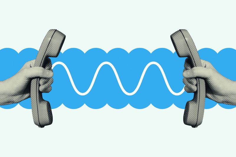 Phones connected through wavy line, symbol of communication. Retro technology concept. Pop art illustration, digital collage.