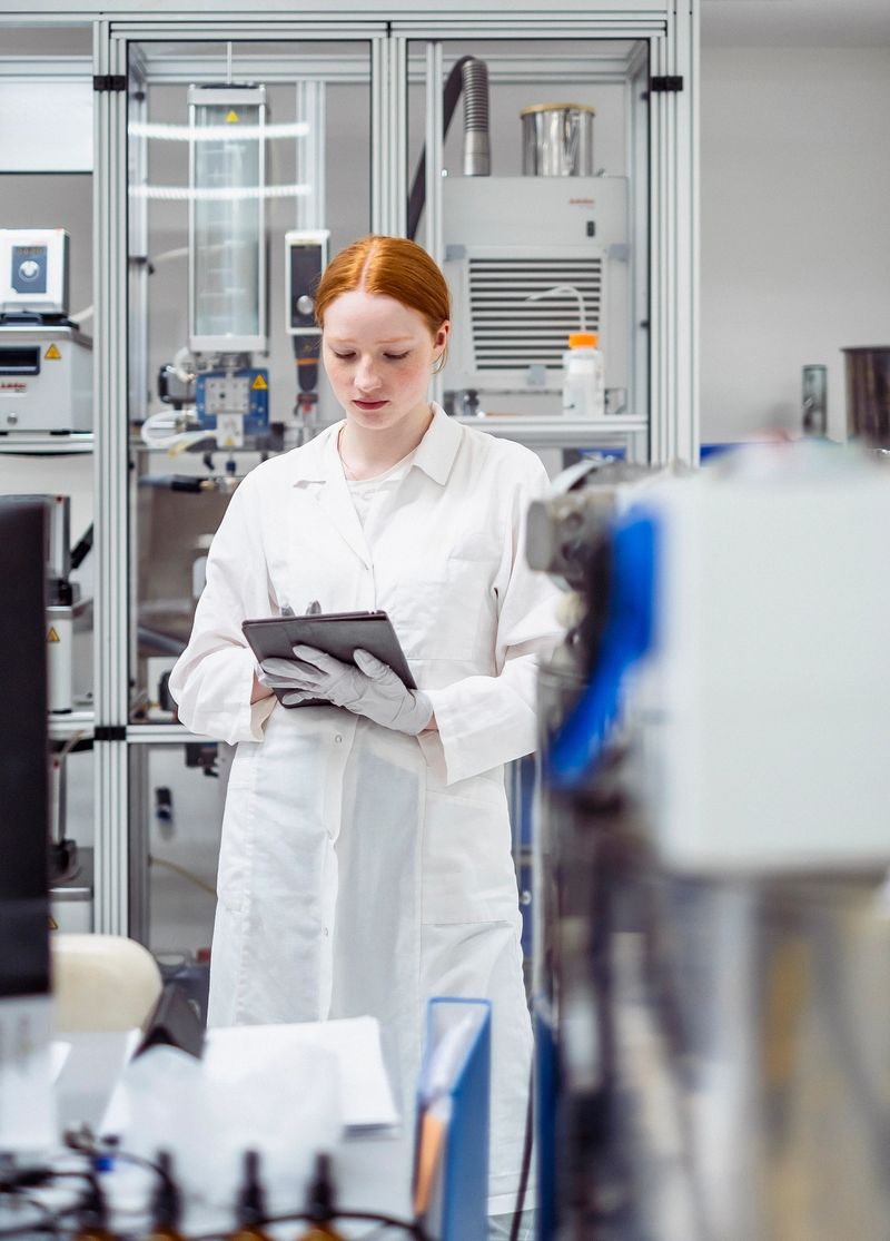 A young Caucasian female pharmacy worker in a white lab coat uses a digital tablet in a bright, modern laboratory setting. The environment is clean and features advanced equipment, emphasizing a professional and scientific atmosphere.