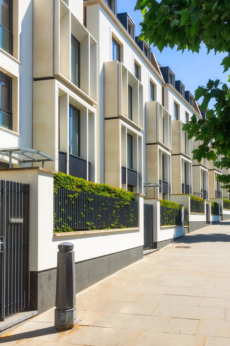 Exterior architecture of modern apartments in the affluent area of Holland Park in London, UK.