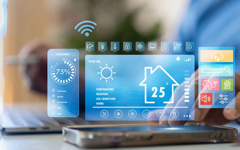 Smart home technology interface on smartphone, home IOT control panel for temperature and energy management, wireless automation system for modern smart living, security, device connectivity app