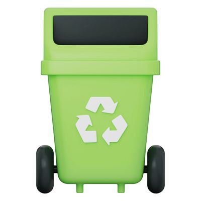Green recycling bin with wheels and recycling symbol.