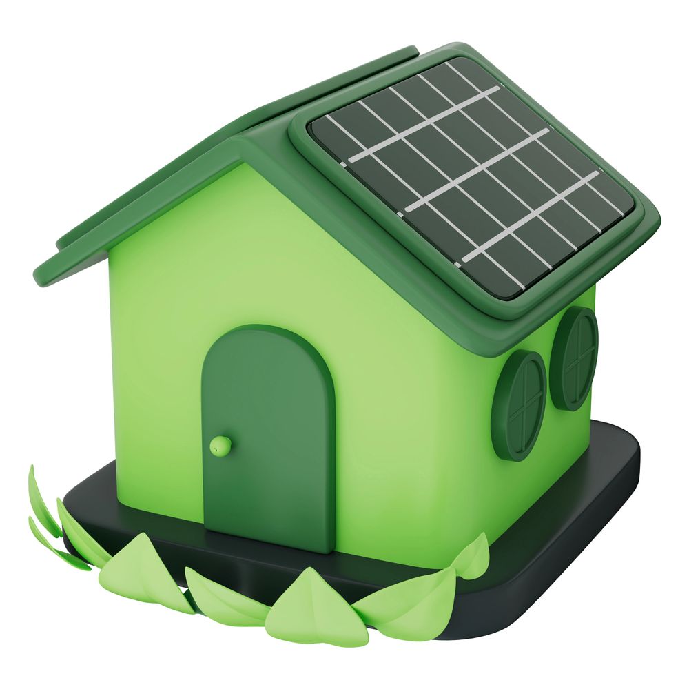 Green eco-friendly house with solar panels on the roof and leafy surroundings.