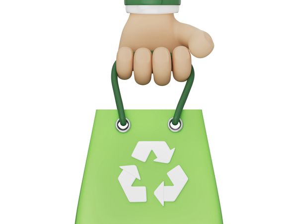 3D hand holding a green reusable shopping bag with recycling symbol.