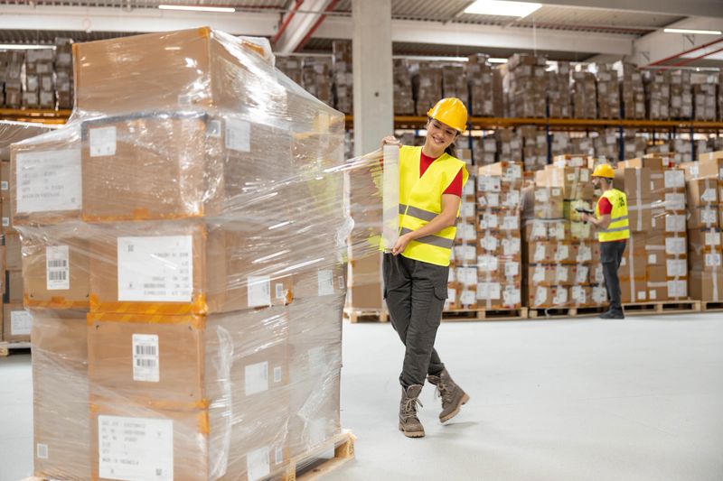 Focused warehouse employee using stretch wrap to secure boxes on a pallet inside storage facility.