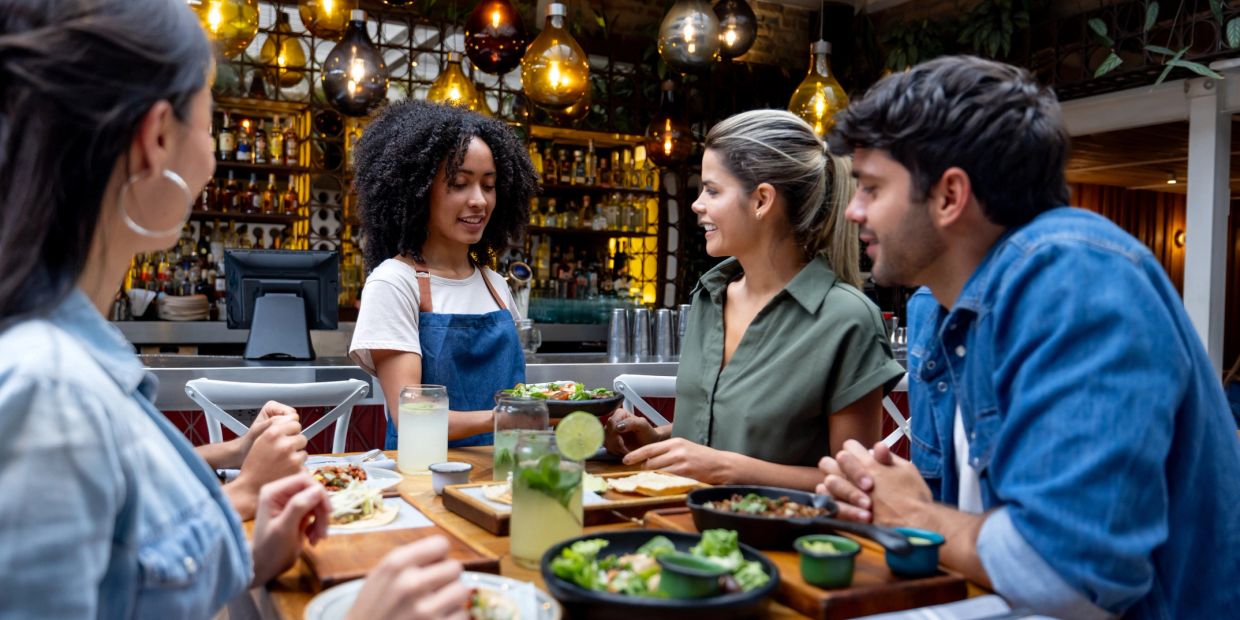 Waitress serving food to happy customers at a restaurant.