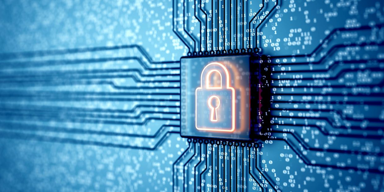 Digital lock on circuit board symbolizing cybersecurity.