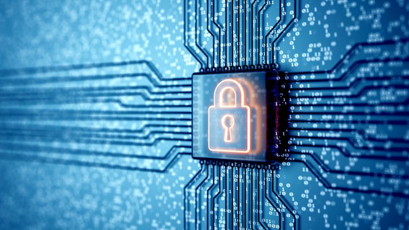 Electronic quantum computer microchip with lock icon. Internet security and privacy network technology. Encryption and safe data concept. Circuit board. 3d render.