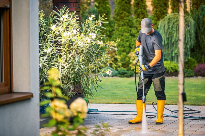 A person wearing yellow rubber boots and a gray cap uses a pressure washer to clean a patio in a residential backyard. The sun shines brightly on the scene, highlighting the manicured lawn and vibrant plants around.