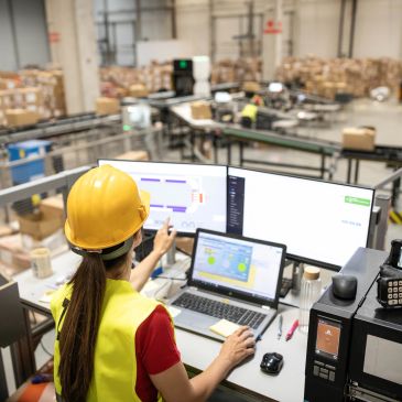 Engineer analyzing data on multiple screens in a warehouse.
