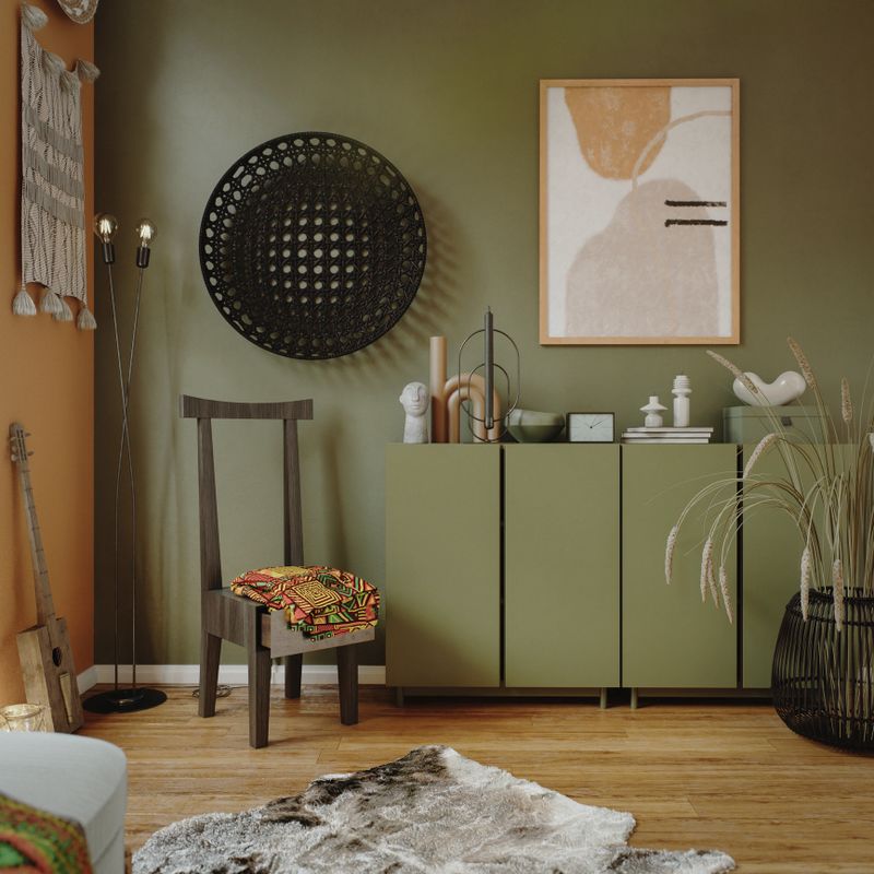 Digitally rendered bohemian living room interior showcasing harmonious earth tone hues. The décor features stylish furniture, unique wall art, vibrant accessories, and an organic aesthetic. This composition exudes warmth and sophistication, creating a cozy, welcoming atmosphere perfect for relaxation and social gatherings.