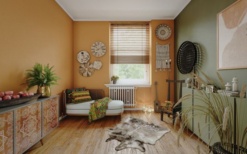 Digitally rendered warm, bohemian-style living room featuring complementary orange and olive walls, rattan baskets, macramé art, patterned kilim textiles, and a mix of vintage and handcrafted décor. Natural daylight from a central window highlights the earthy color palette, while layered global accents create a relaxed, eclectic vibe ideal for interior-design, lifestyle, or home-décor themes.