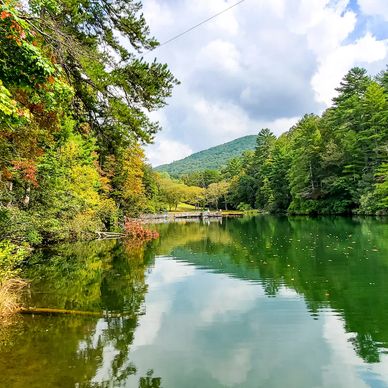 A serene landscape featuring a calm lake surrounded by mountains and trees under a clear blue sky.