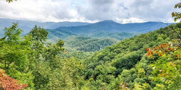 Lush green mountains under a cloudy sky with hints of autumn foliage.