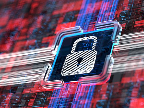 Digital padlock symbolizing cybersecurity and data protection in a vibrant red and blue tech background.